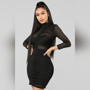 Black Striped Long Sleeve‎ Dress, Large size